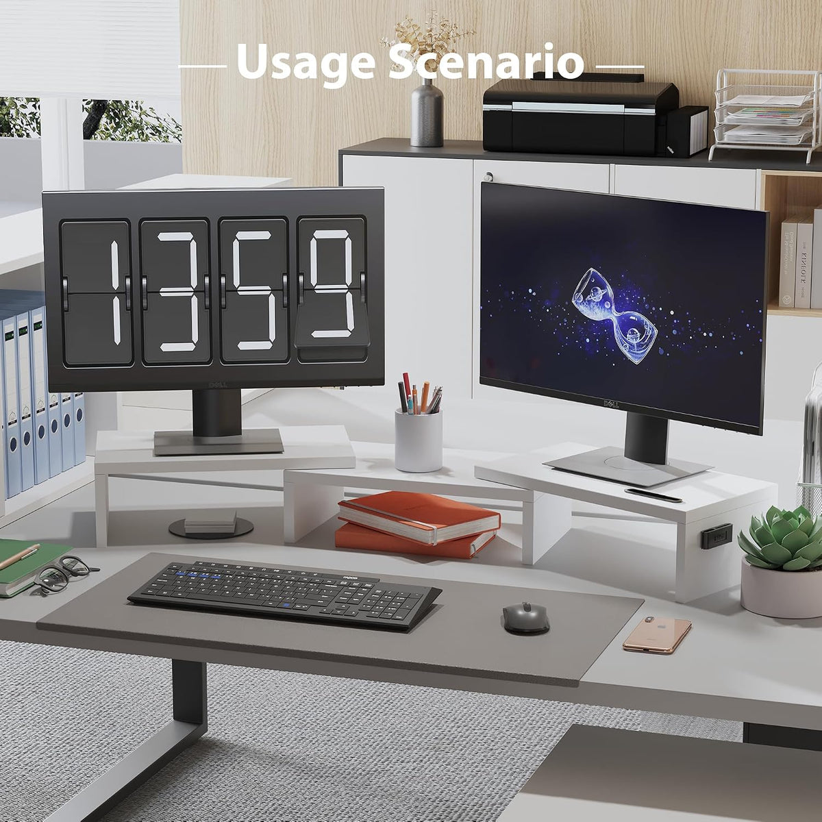 Dual Monitor Stand Riser, Adjustable Length & Swivel Angle, White