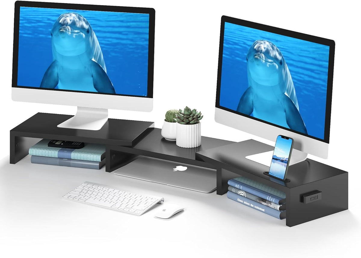Dual Monitor Stand Riser, Adjustable Length & Swivel Angle, White