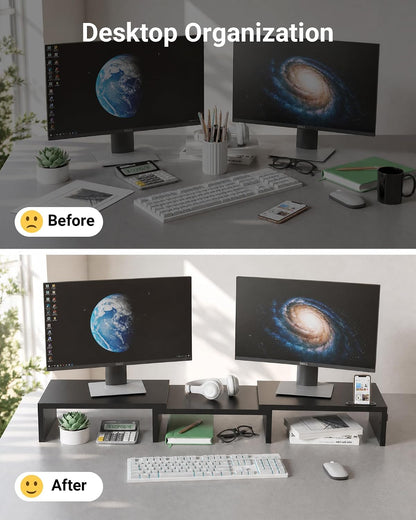 Dual Monitor Stand Riser, Adjustable Length & Swivel Angle, White