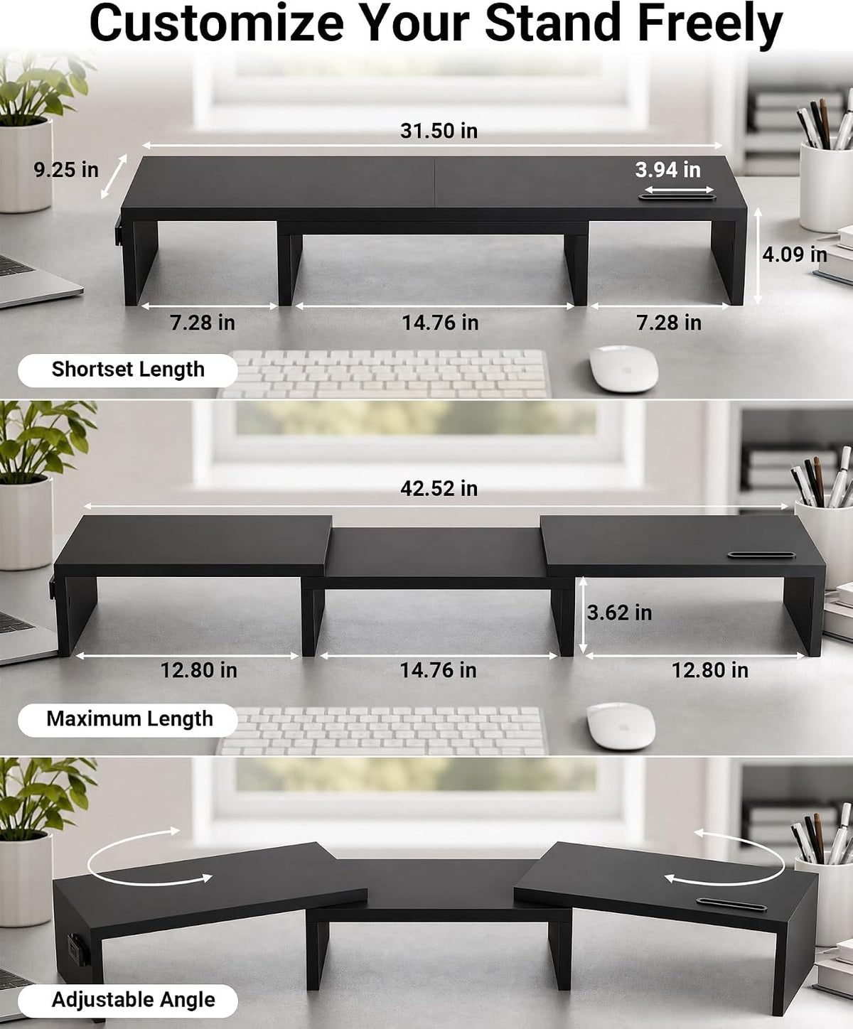 Dual Monitor Stand Riser, Adjustable Length & Swivel Angle, White