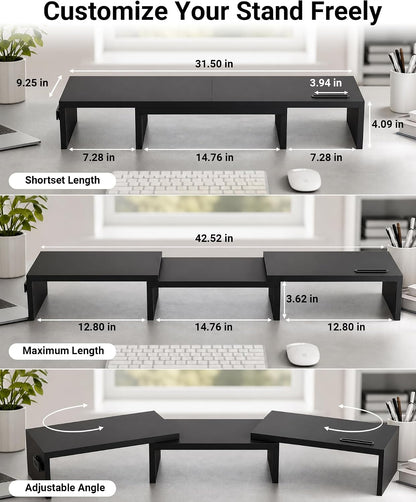 Dual Monitor Stand Riser, Adjustable Length & Swivel Angle, White