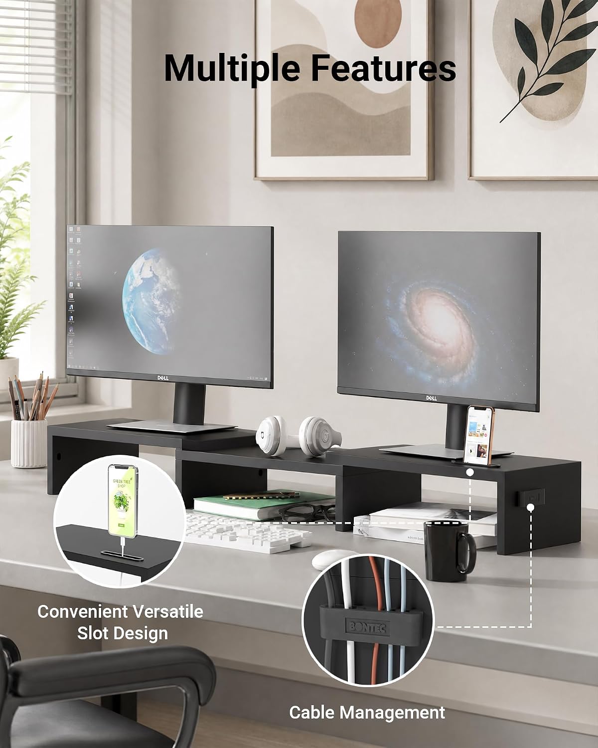 Dual Monitor Stand Riser, Adjustable Length & Swivel Angle, White