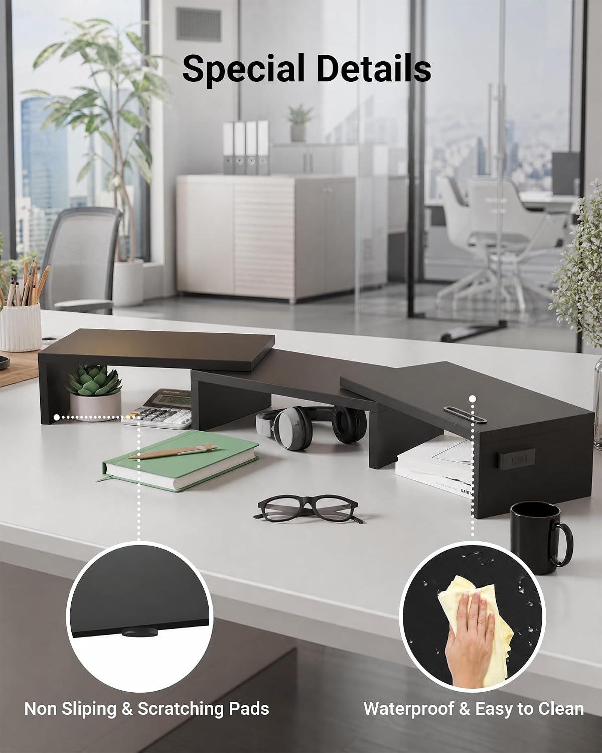 Dual Monitor Stand Riser, Adjustable Length & Swivel Angle, White