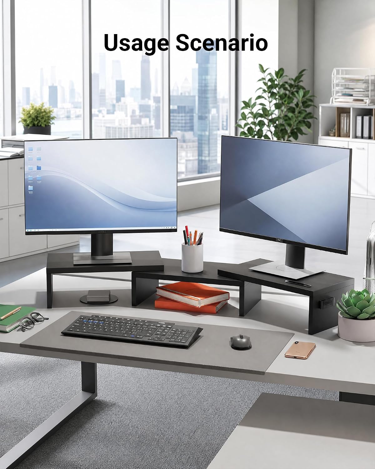 Dual Monitor Stand Riser, Adjustable Length & Swivel Angle, White