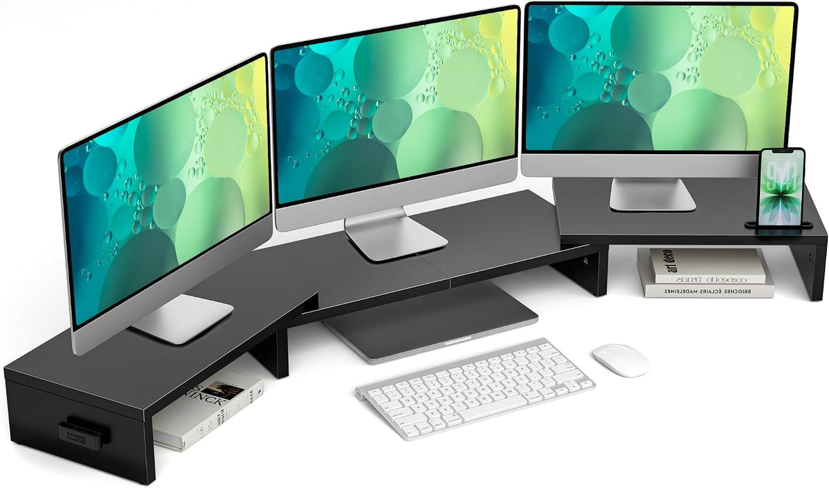 Dual Monitor Stand Riser, Adjustable Length & Swivel Angle, White