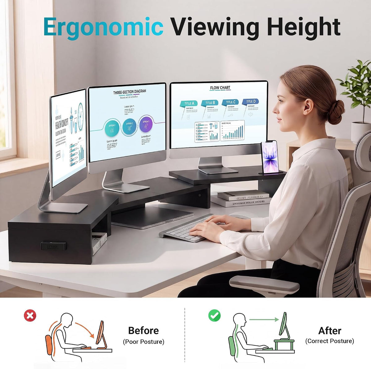 Dual Monitor Stand Riser, Adjustable Length & Swivel Angle, White