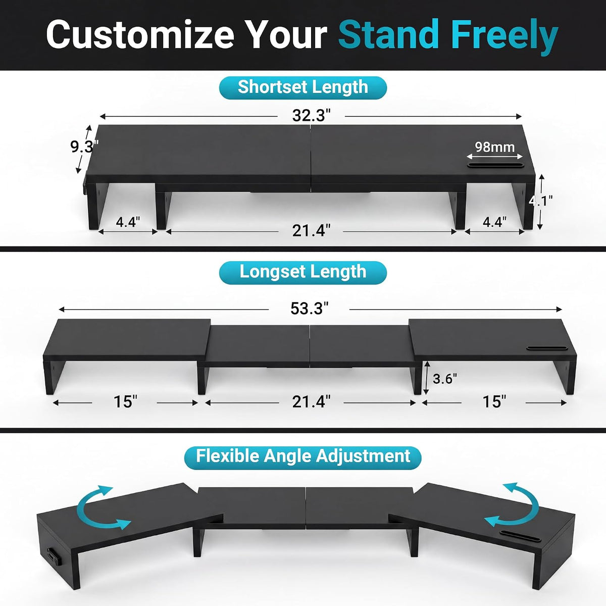 Dual Monitor Stand Riser, Adjustable Length & Swivel Angle, White