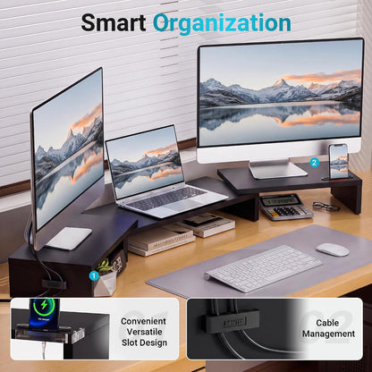Dual Monitor Stand Riser, Adjustable Length & Swivel Angle, White