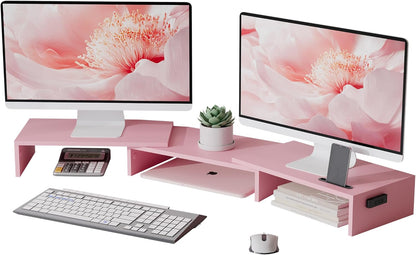 Dual Monitor Stand Riser, Adjustable Length & Swivel Angle, White