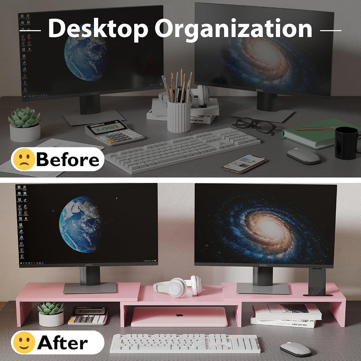 Dual Monitor Stand Riser, Adjustable Length & Swivel Angle, White