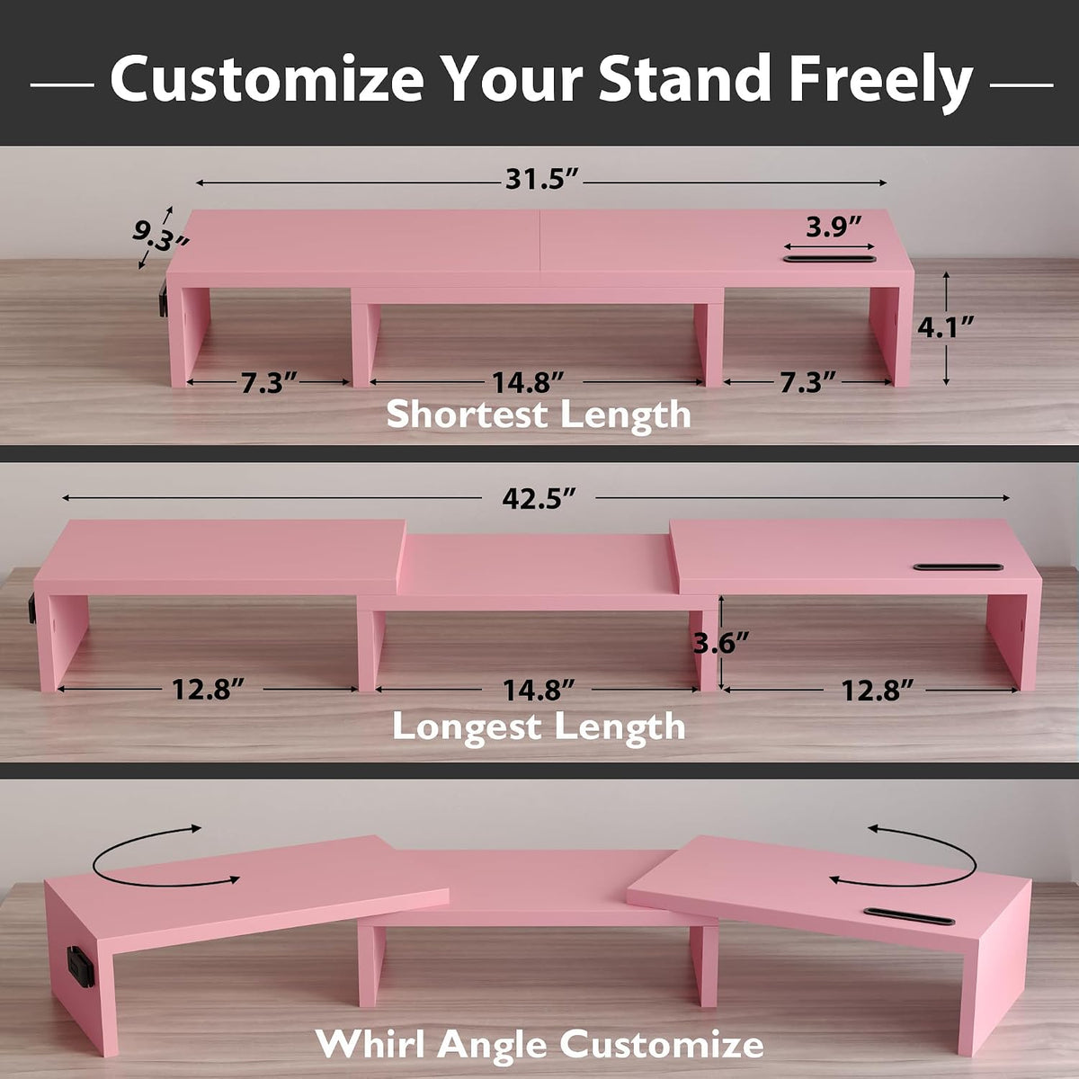 Dual Monitor Stand Riser, Adjustable Length & Swivel Angle, White