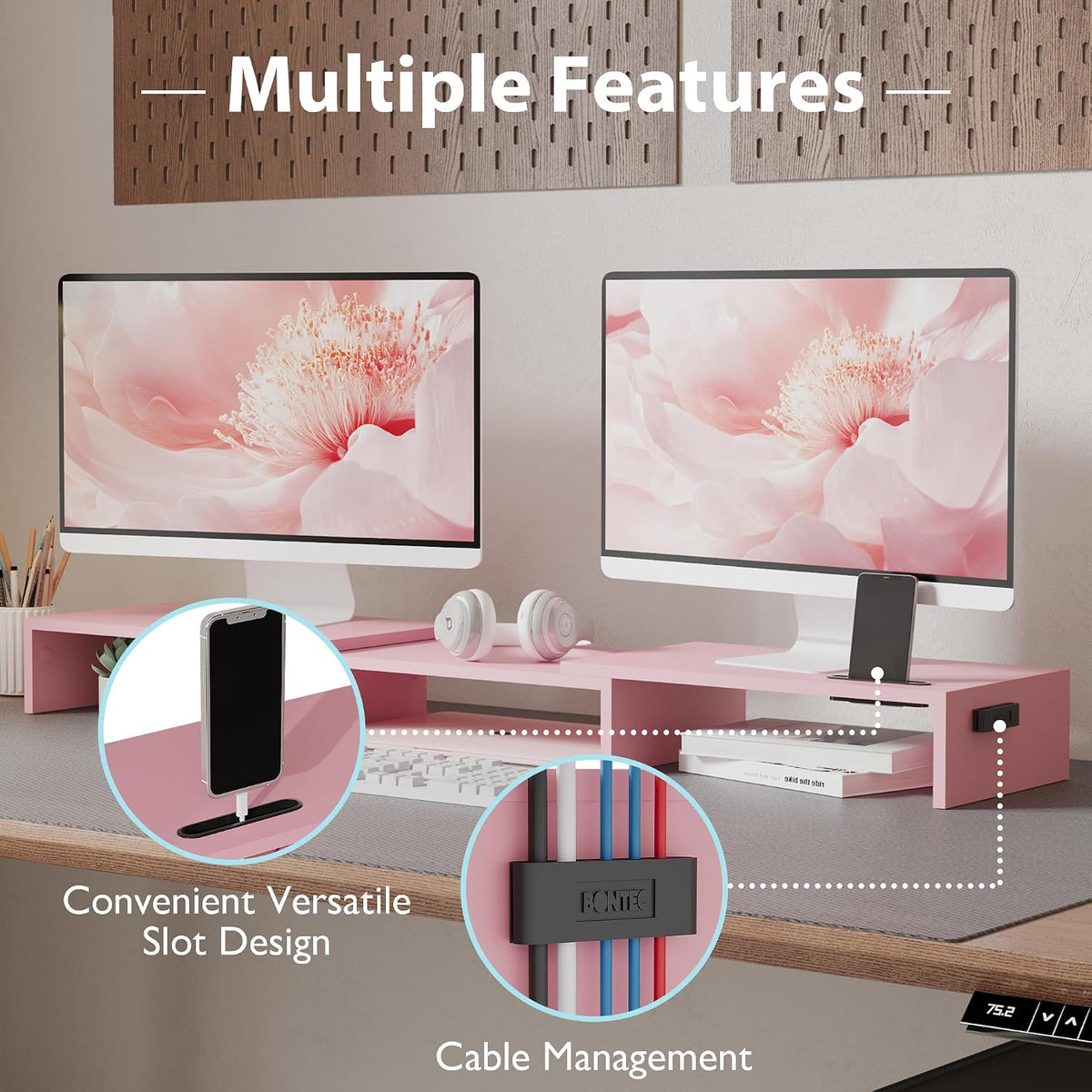 Dual Monitor Stand Riser, Adjustable Length & Swivel Angle, White