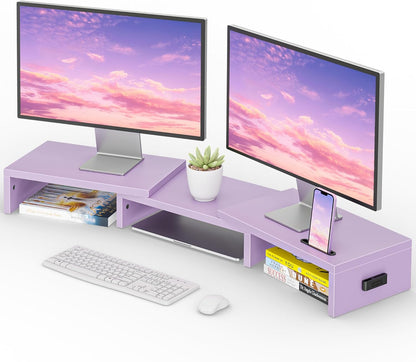 Dual Monitor Stand Riser, Adjustable Length & Swivel Angle, White