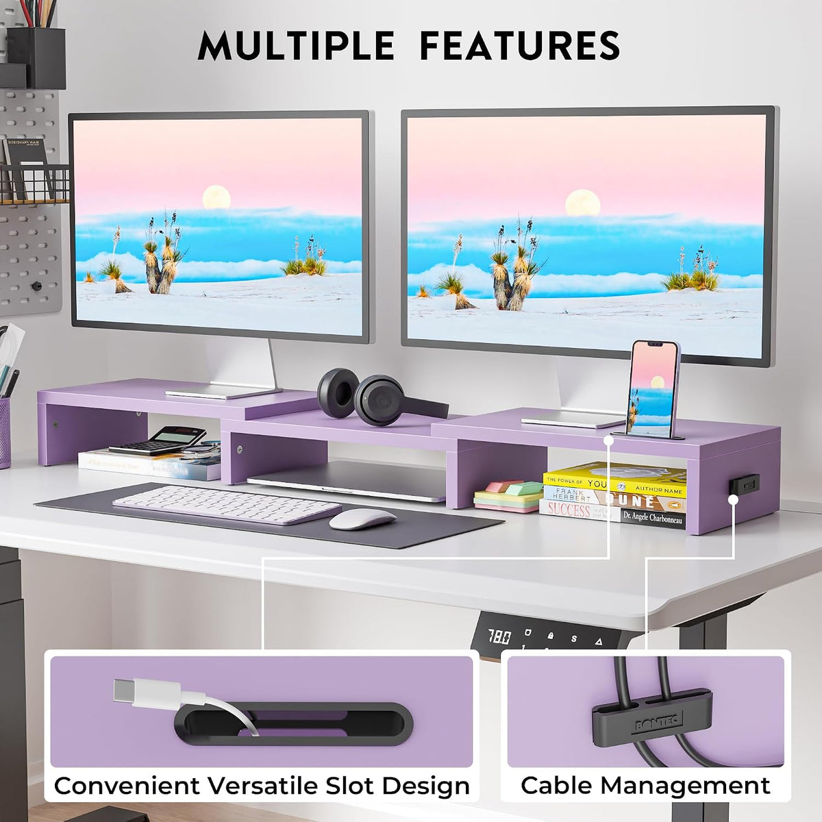 Dual Monitor Stand Riser, Adjustable Length & Swivel Angle, White