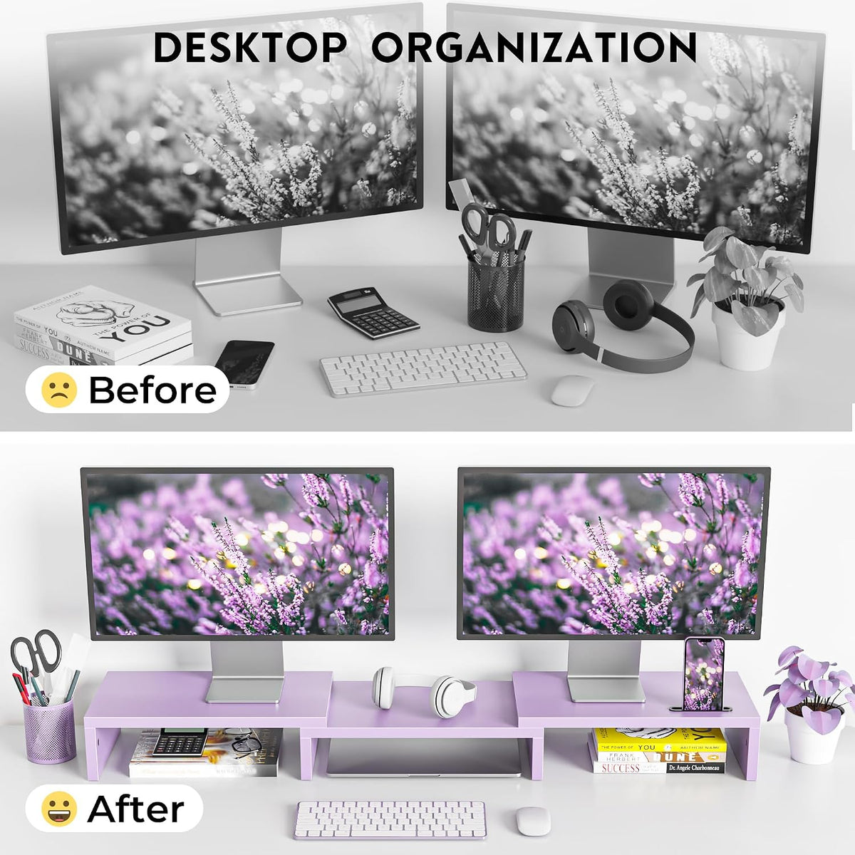 Dual Monitor Stand Riser, Adjustable Length & Swivel Angle, White