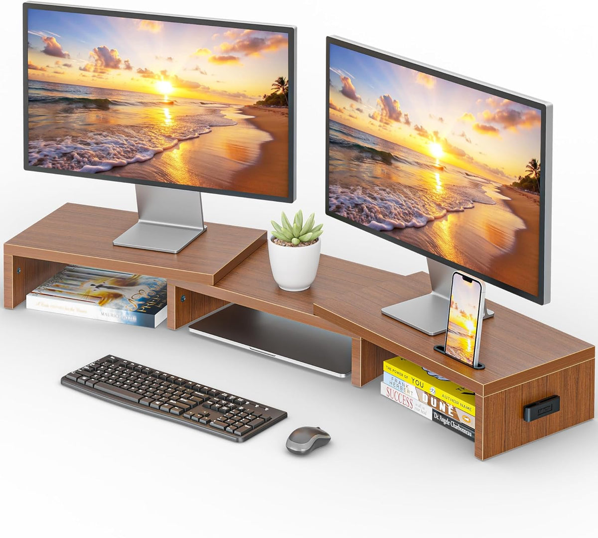 Dual Monitor Stand Riser, Adjustable Length & Swivel Angle, White