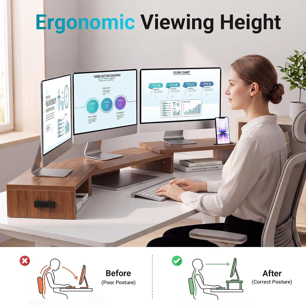 Dual Monitor Stand Riser, Adjustable Length & Swivel Angle, White