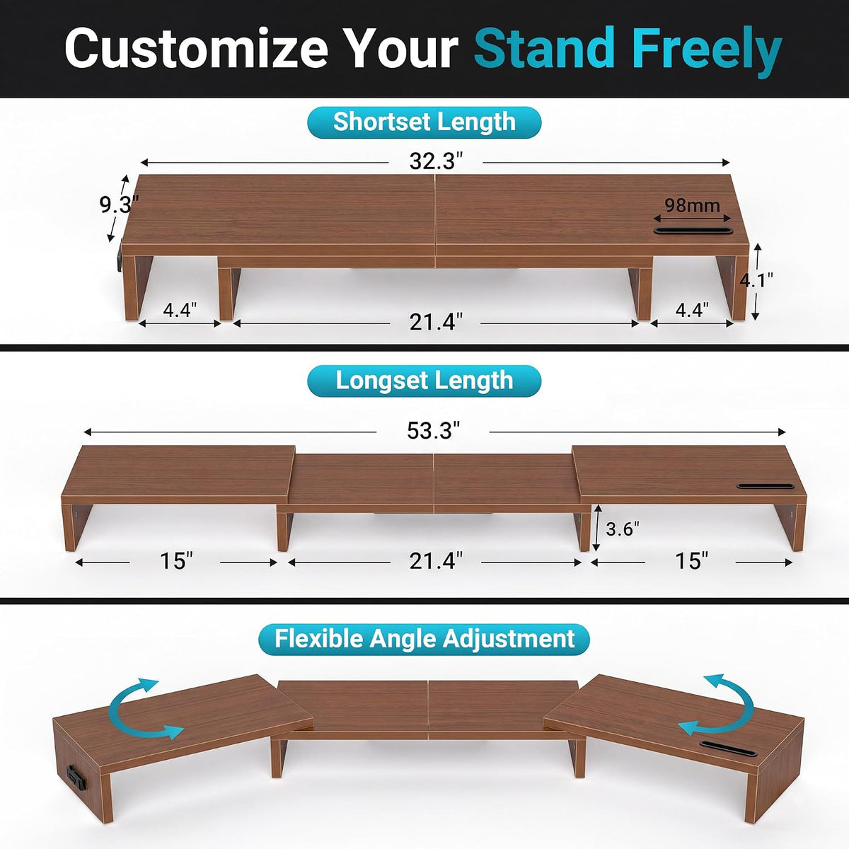 Dual Monitor Stand Riser, Adjustable Length & Swivel Angle, White