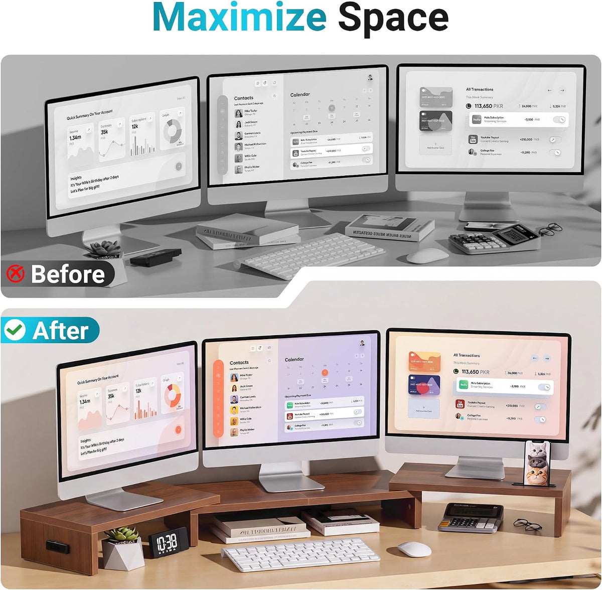 Dual Monitor Stand Riser, Adjustable Length & Swivel Angle, White