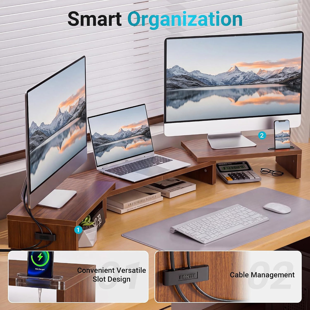 Dual Monitor Stand Riser, Adjustable Length & Swivel Angle, White
