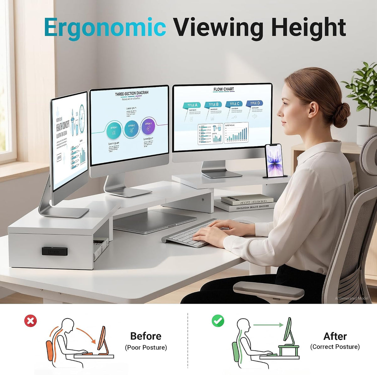 Dual Monitor Stand Riser, Adjustable Length & Swivel Angle, White