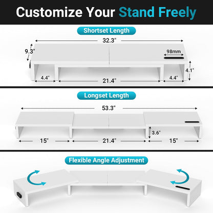 Dual Monitor Stand Riser, Adjustable Length & Swivel Angle, White
