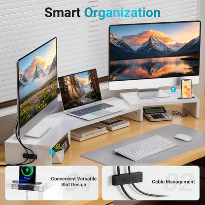 Dual Monitor Stand Riser, Adjustable Length & Swivel Angle, White