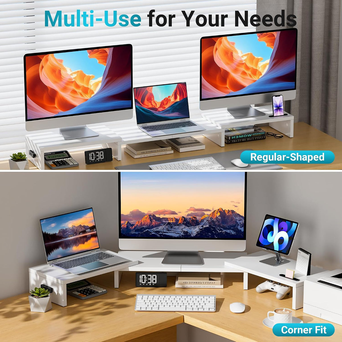 Dual Monitor Stand Riser, Adjustable Length & Swivel Angle, White