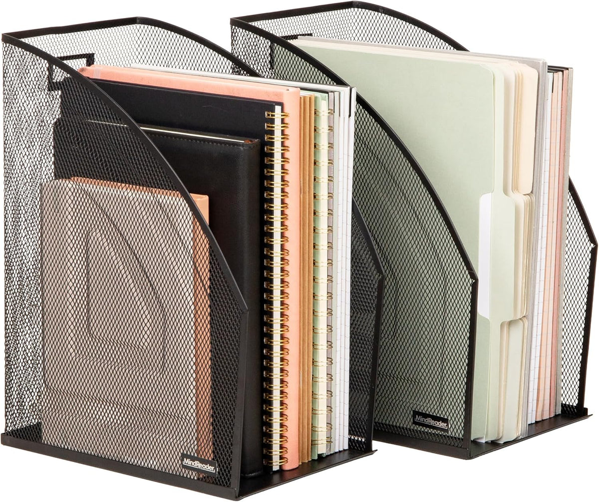 Vertical File Organizers, Desktop File Holders for Folders, Magazines, and Paperwork, Workspace Organizer, Metal Mesh, Set of 2, Black