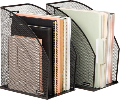 Vertical File Organizers, Desktop File Holders for Folders, Magazines, and Paperwork, Workspace Organizer, Metal Mesh, Set of 2, Black