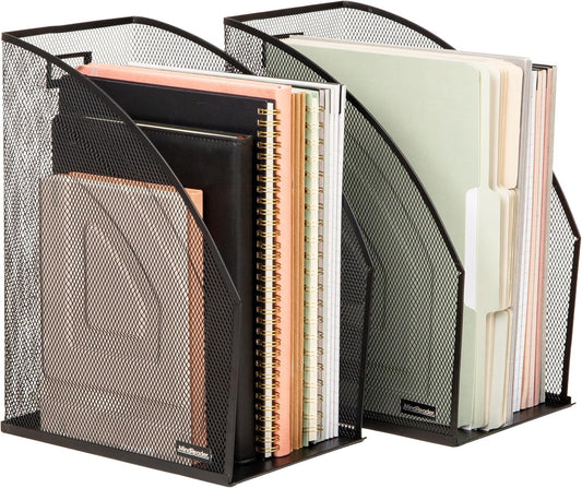 Vertical File Organizers, Desktop File Holders for Folders, Magazines, and Paperwork, Workspace Organizer, Metal Mesh, Set of 2, Black