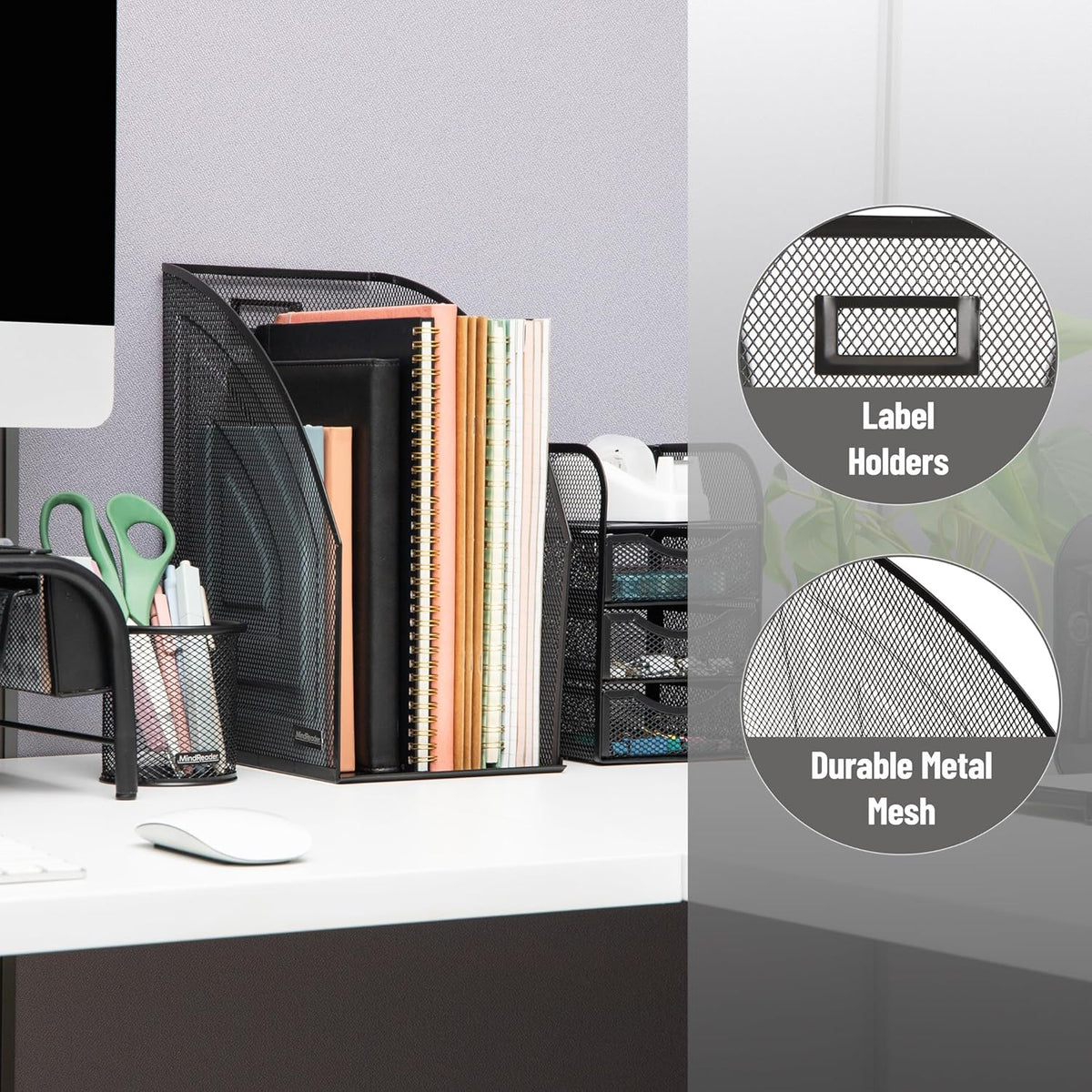 Vertical File Organizers, Desktop File Holders for Folders, Magazines, and Paperwork, Workspace Organizer, Metal Mesh, Set of 2, Black