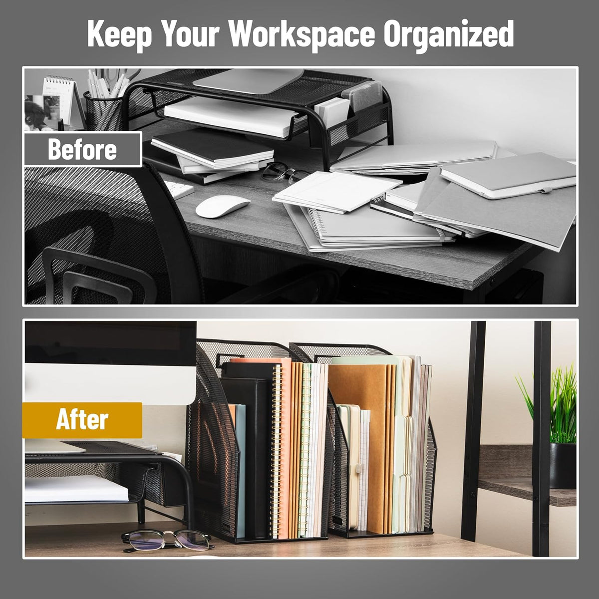 Vertical File Organizers, Desktop File Holders for Folders, Magazines, and Paperwork, Workspace Organizer, Metal Mesh, Set of 2, Black