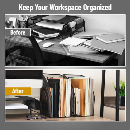 Vertical File Organizers, Desktop File Holders for Folders, Magazines, and Paperwork, Workspace Organizer, Metal Mesh, Set of 2, Black
