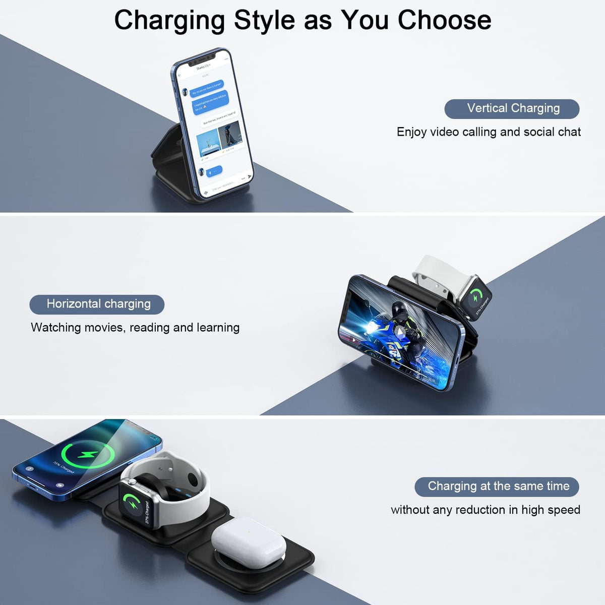 3 in 1 Wireless Charging Station for Apple,Foldable Magnetic Travel Charger