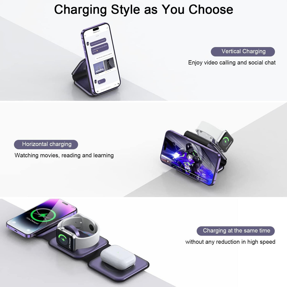 3 in 1 Wireless Charging Station for Apple,Foldable Magnetic Travel Charger