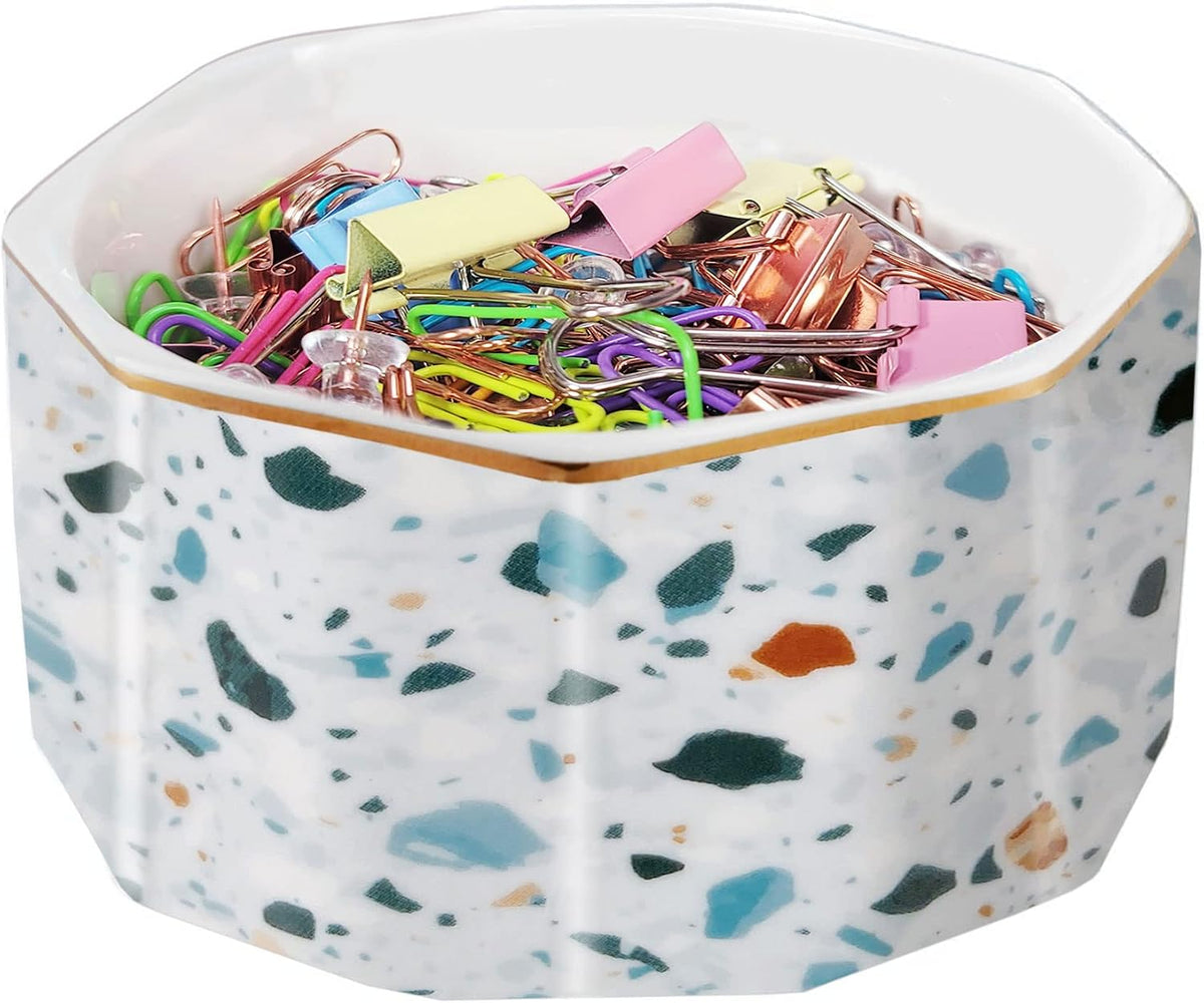 Ceramic Paper Clip Holder Gold Line Paper Clip Dispenser Organizer for Desk Cute Floral Pattern Office Binder Clip Holder Bobby Pin and Hair Clip Holder Gift for Office Mint Flowers