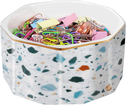 Ceramic Paper Clip Holder Gold Line Paper Clip Dispenser Organizer for Desk Cute Floral Pattern Office Binder Clip Holder Bobby Pin and Hair Clip Holder Gift for Office Mint Flowers