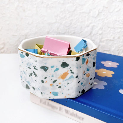 Ceramic Paper Clip Holder Gold Line Paper Clip Dispenser Organizer for Desk Cute Floral Pattern Office Binder Clip Holder Bobby Pin and Hair Clip Holder Gift for Office Mint Flowers