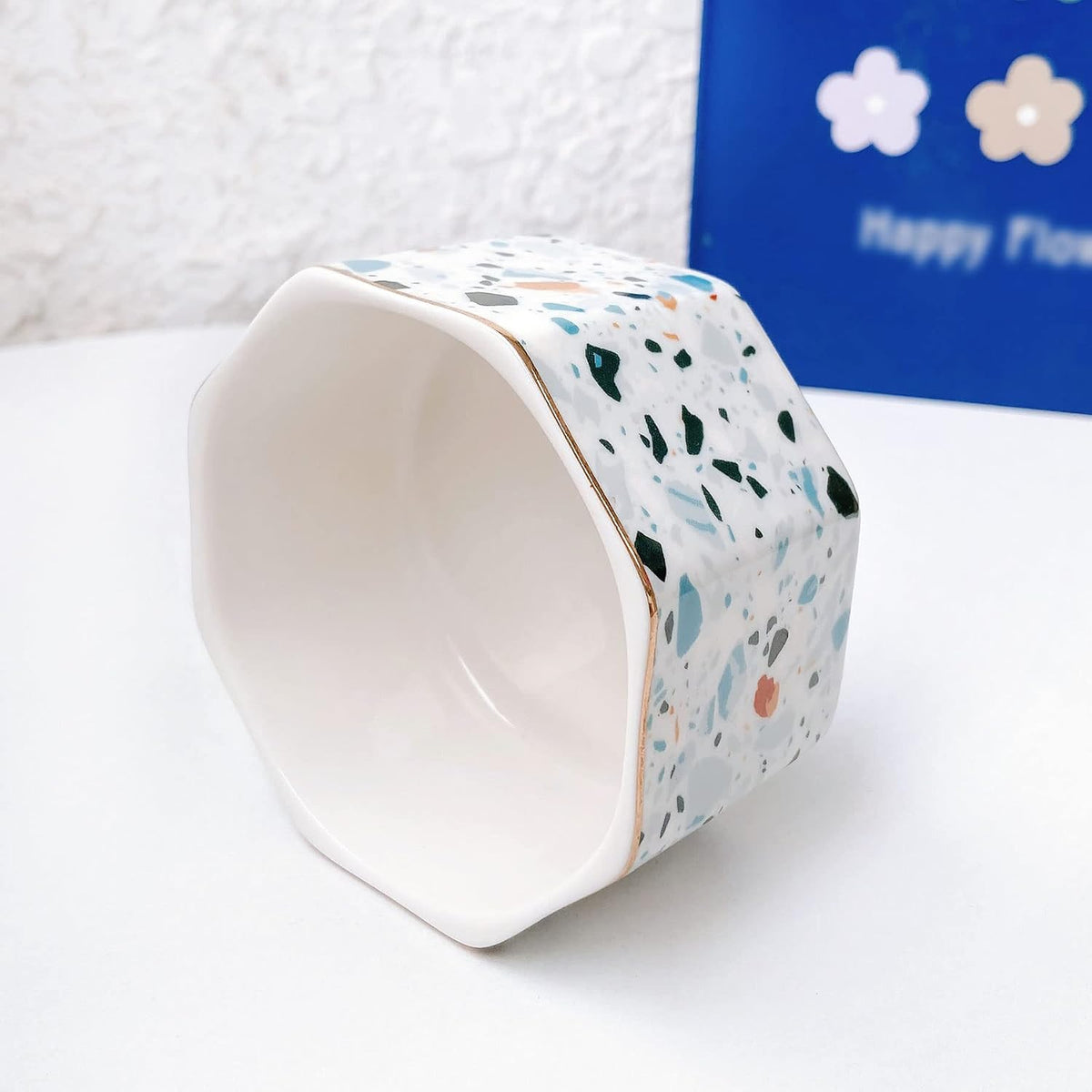 Ceramic Paper Clip Holder Gold Line Paper Clip Dispenser Organizer for Desk Cute Floral Pattern Office Binder Clip Holder Bobby Pin and Hair Clip Holder Gift for Office Mint Flowers