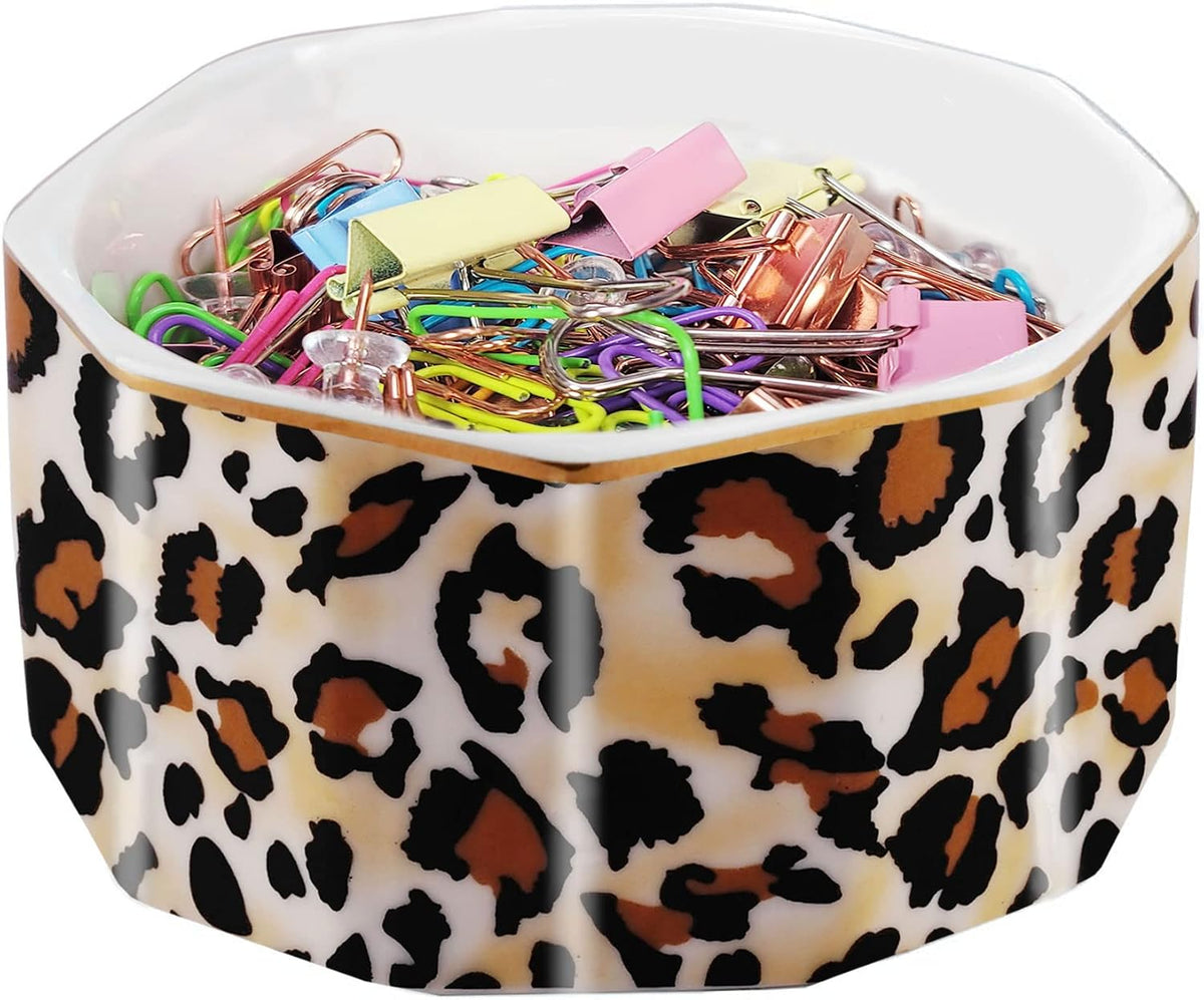 Ceramic Paper Clip Holder Gold Line Paper Clip Dispenser Organizer for Desk Cute Floral Pattern Office Binder Clip Holder Bobby Pin and Hair Clip Holder Gift for Office Mint Flowers