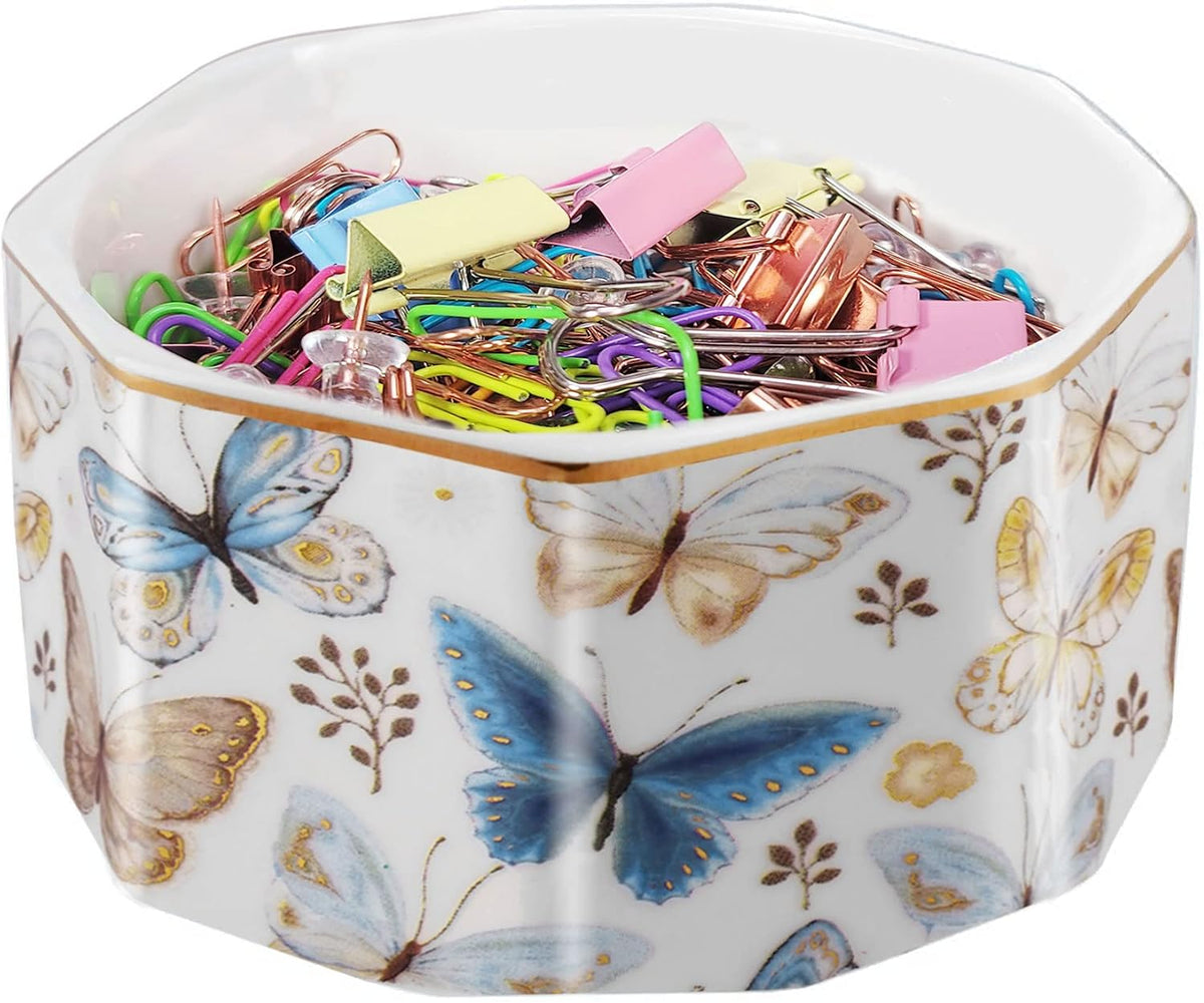 Ceramic Paper Clip Holder Gold Line Paper Clip Dispenser Organizer for Desk Cute Floral Pattern Office Binder Clip Holder Bobby Pin and Hair Clip Holder Gift for Office Mint Flowers