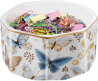 Ceramic Paper Clip Holder Gold Line Paper Clip Dispenser Organizer for Desk Cute Floral Pattern Office Binder Clip Holder Bobby Pin and Hair Clip Holder Gift for Office Mint Flowers