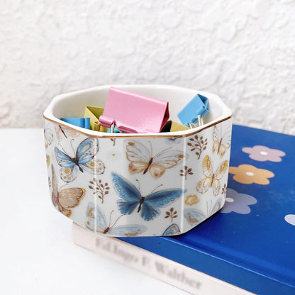 Ceramic Paper Clip Holder Gold Line Paper Clip Dispenser Organizer for Desk Cute Floral Pattern Office Binder Clip Holder Bobby Pin and Hair Clip Holder Gift for Office Mint Flowers