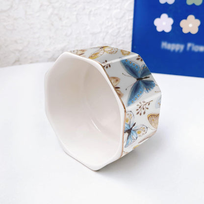 Ceramic Paper Clip Holder Gold Line Paper Clip Dispenser Organizer for Desk Cute Floral Pattern Office Binder Clip Holder Bobby Pin and Hair Clip Holder Gift for Office Mint Flowers
