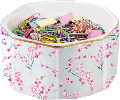 Ceramic Paper Clip Holder Gold Line Paper Clip Dispenser Organizer for Desk Cute Floral Pattern Office Binder Clip Holder Bobby Pin and Hair Clip Holder Gift for Office Mint Flowers