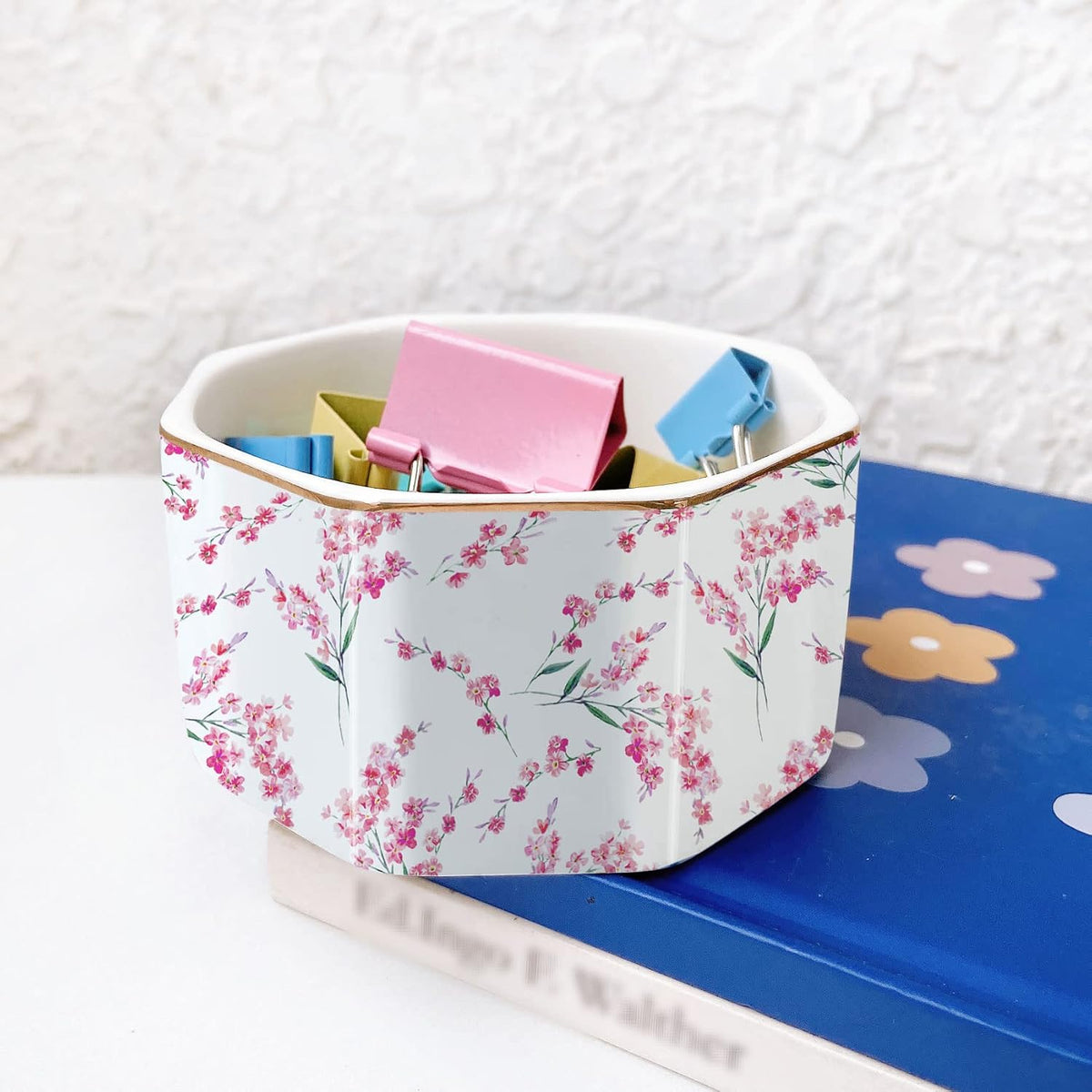 Ceramic Paper Clip Holder Gold Line Paper Clip Dispenser Organizer for Desk Cute Floral Pattern Office Binder Clip Holder Bobby Pin and Hair Clip Holder Gift for Office Mint Flowers