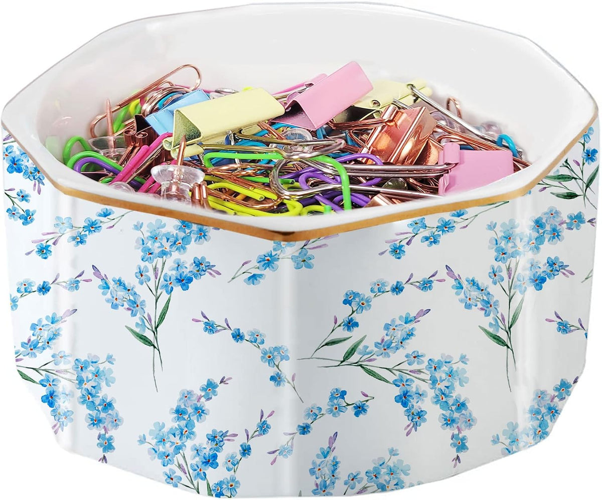 Ceramic Paper Clip Holder Gold Line Paper Clip Dispenser Organizer for Desk Cute Floral Pattern Office Binder Clip Holder Bobby Pin and Hair Clip Holder Gift for Office Mint Flowers