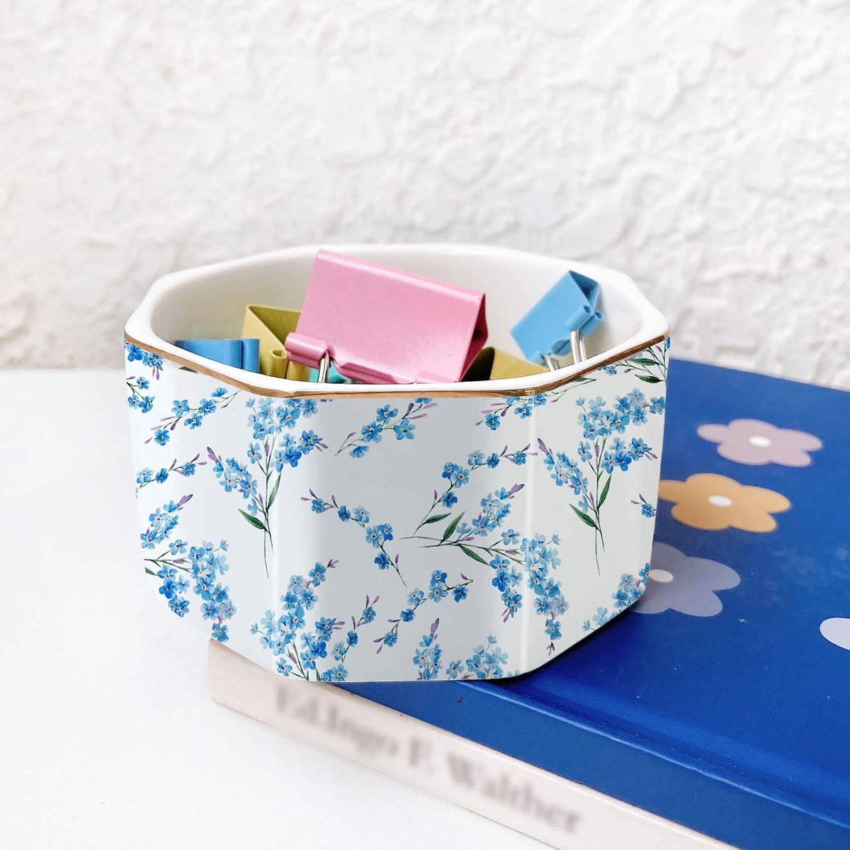 Ceramic Paper Clip Holder Gold Line Paper Clip Dispenser Organizer for Desk Cute Floral Pattern Office Binder Clip Holder Bobby Pin and Hair Clip Holder Gift for Office Mint Flowers