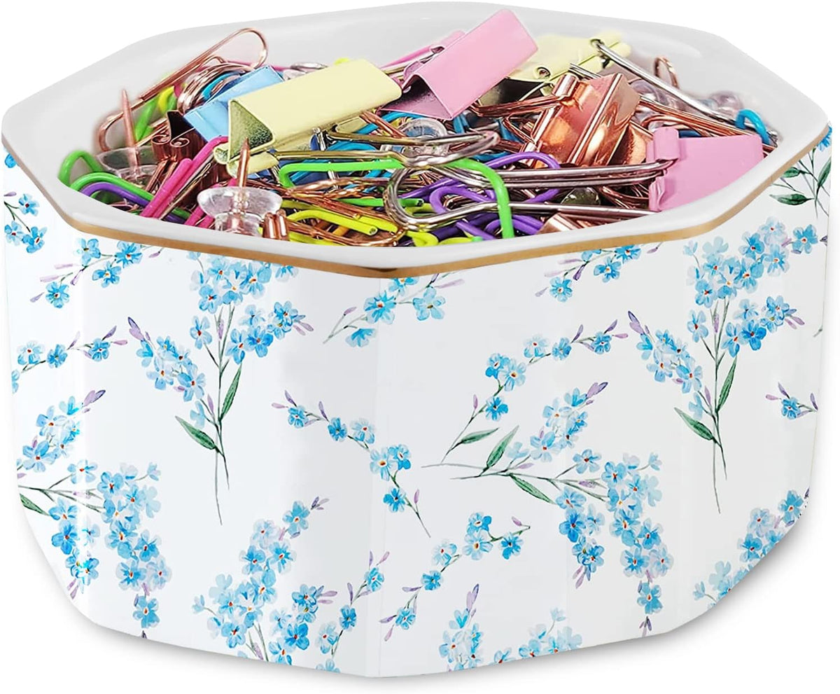 Ceramic Paper Clip Holder Gold Line Paper Clip Dispenser Organizer for Desk Cute Floral Pattern Office Binder Clip Holder Bobby Pin and Hair Clip Holder Gift for Office Mint Flowers